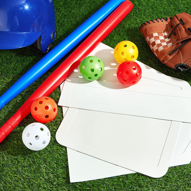 Tradder 17 Pcs Plastic Baseball Bat Kids Plastic Baseball Ball Throw Rubber Base Set with 1 Storage Bag Baseball Home Plate Lightweight Kids Bat for Indoor Outdoor, 2.83 Inches Diameter, 3 Colors