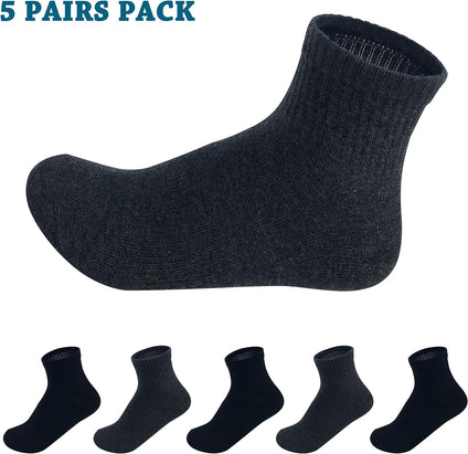 Boys & Girls Unisex Grey-Black Short Crew Comfort Welt - School - Sports Socks 5 Pairs Pack