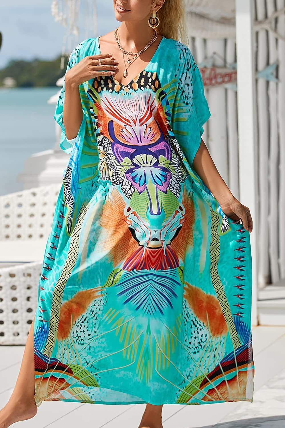 YouKD Maxi Dress V-Neck Kaftan Boho Robes Beach Cover-ups Dress Roomy Gowns for Women