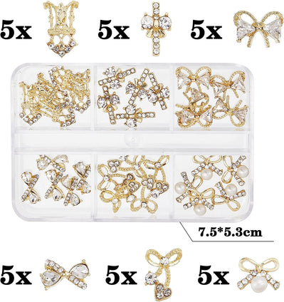 30Pcs Pearl Bow Nail Charms, 3D Gold Cross Bowknot Nail Rhinestones, Boxed Cute Nail Art Bows Nail Decorations for Nail Accessories Manicure Design DIY