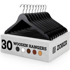 Zober Wooden Hangers 30 Pack - Non Slip Wood Clothes Hanger for Suits, Pants, Jackets w/Bar & Cut Notches - Heavy Duty Clothing Hanger Set - Coat Hangers for Closet - Black