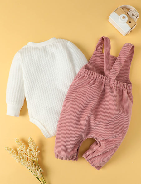 FRLOONY Newborn Baby Girl Clothes Solid Ribbed Long Sleeve Romper + Corduroy Overalls Pants Set Infant Girls Outfits 2Pcs(3-6 M )