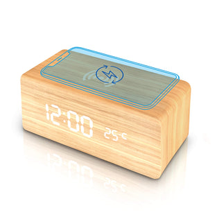 ELECDON Wooden Alarm Clock with Wireless Charging Pad, LED Digital Clock with Large Date and Temperature Display, Sound Control, Adjustable Brightness, Suitable for Bedroom, Office, Bedside