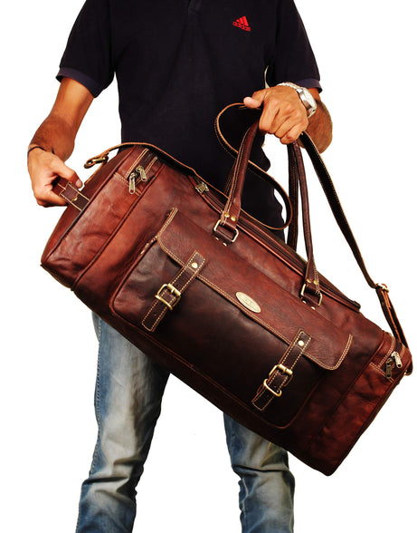 Hulsh Leather Duffle Bags for Men 24 Inch | Vintage Brown Genuine Leather Travel Bags for Mens Overnight Weekend | Best Full Grain Leather Luggage Duffel Carry On Weekender Sports Gym Bag for Women