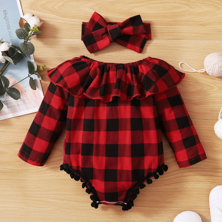 Kayotuas Newborn Baby Girls Plaid Ruffle Romper Long Sleeve Off the Shoulder Bodysuit Jumpsuit with Headband Set 3-6 Months