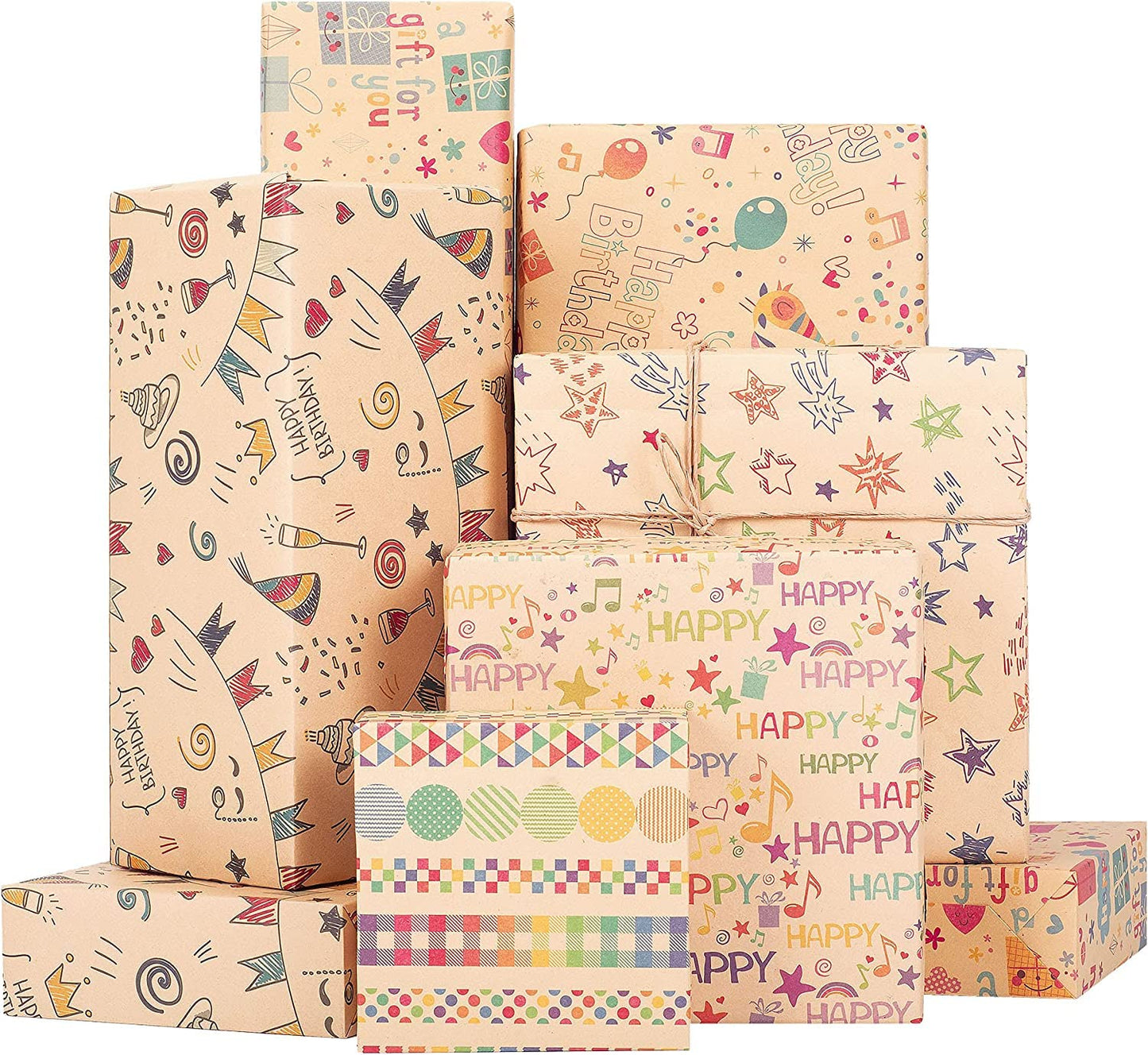 Birthday Wrapping Paper, 6 Sheets Kraft Gift Wrapping Paper, Balloons Cake Happy Birthday Wrapping Paper for Boys, Brown Gift Wraps for All Birthday, Holiday Party-Folded Flat-70x100cm