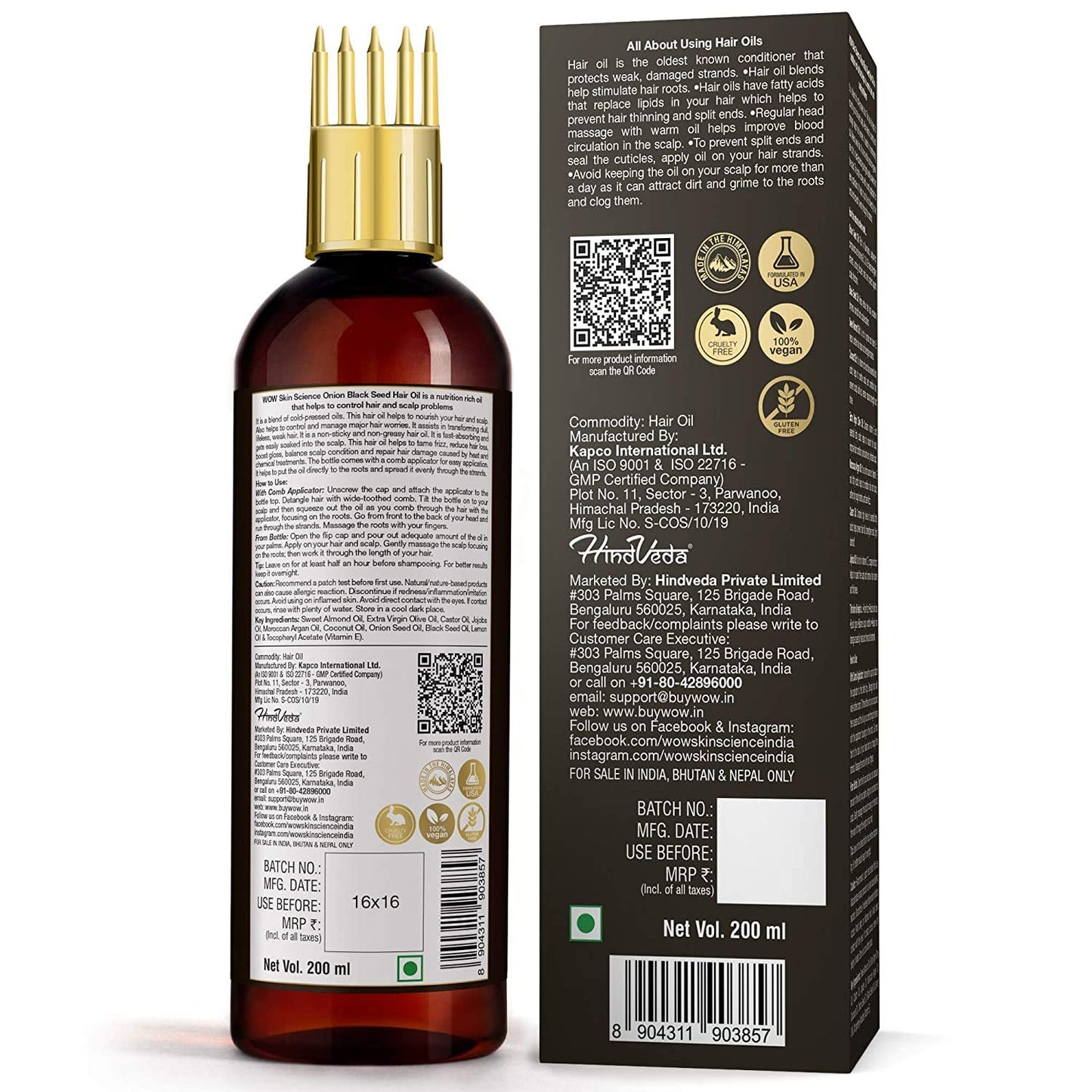 WOW Skin Science Onion Hair Oil for Hair Growth and Hair Fall Control - With Black Seed Oil Extracts - with COMB APPLICATOR - 200 ml