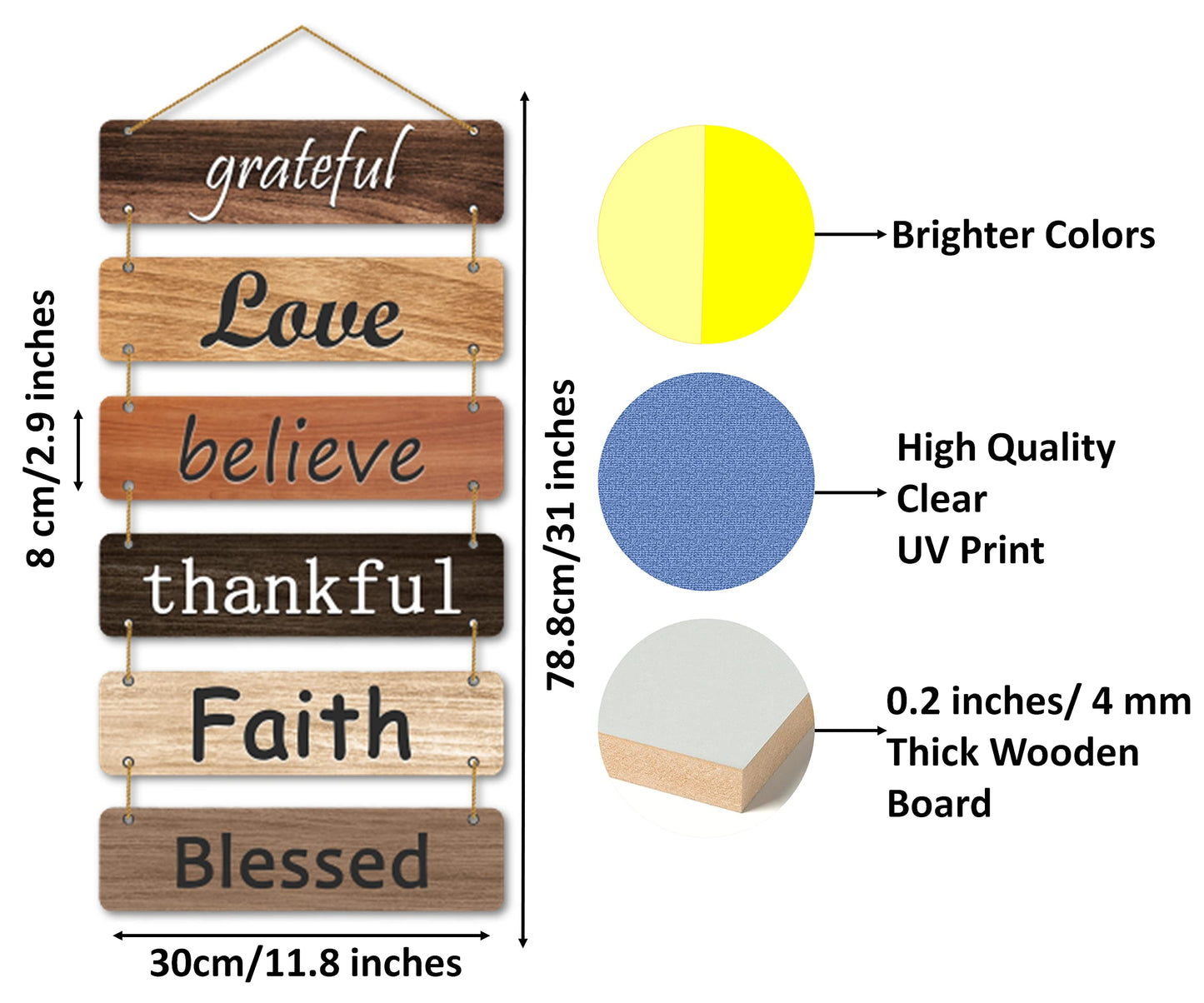 The Earthy House Room Décor Wall Hanging | Living Room | Bedroom| Home Décor | Inspirational Quotes - Grateful Love Believe (Set of 6)