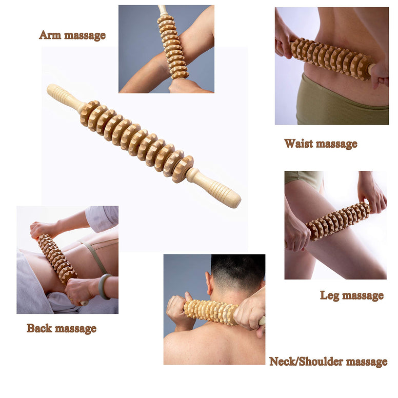 Mikako Wood Therapy Roller Massage Tools, Lymphatic Drainage Massager, Wooden Massage & Muscle Roller Stick, Handheld Cellulite Trigger Point Manual Muscle Release Roller Massager