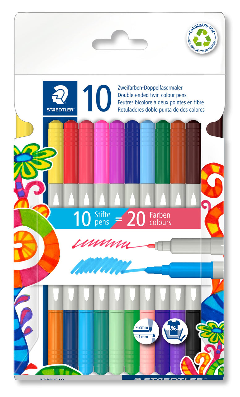 STAEDTLER 3280 C10 Twin-Colour, Double-Ended Fibre-Tip Pens - 20 Assorted Colours (Pack of 10)