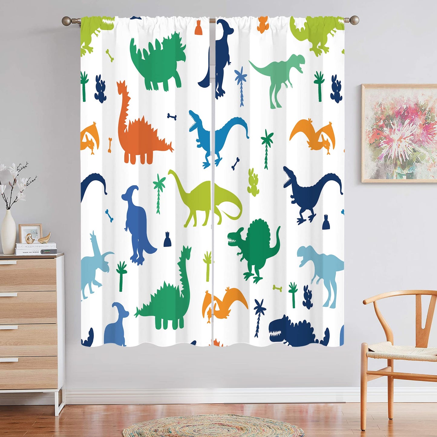 Miyotaa Dinosaur Dino Boys Window Curtains 2 Panels 42W x 63H Rod Pocket Kids Nursery Cute Cartoon Child Animal Colorful Polyester Window Drapery Treatment for Bedroom Living Room