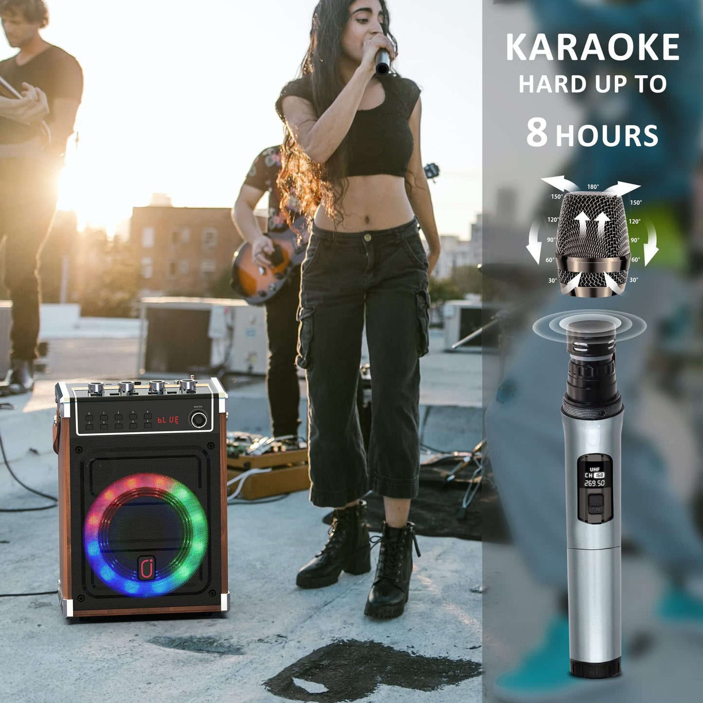 JYX Karaoke Machine with 2 UHF Wireless Microphones, Bluetooth Speaker with Bass/Treble and LED Light, Studio Subwoofer Support TWS, AUX in, FM, Supply for Party/Meeting/Wedding - Brown