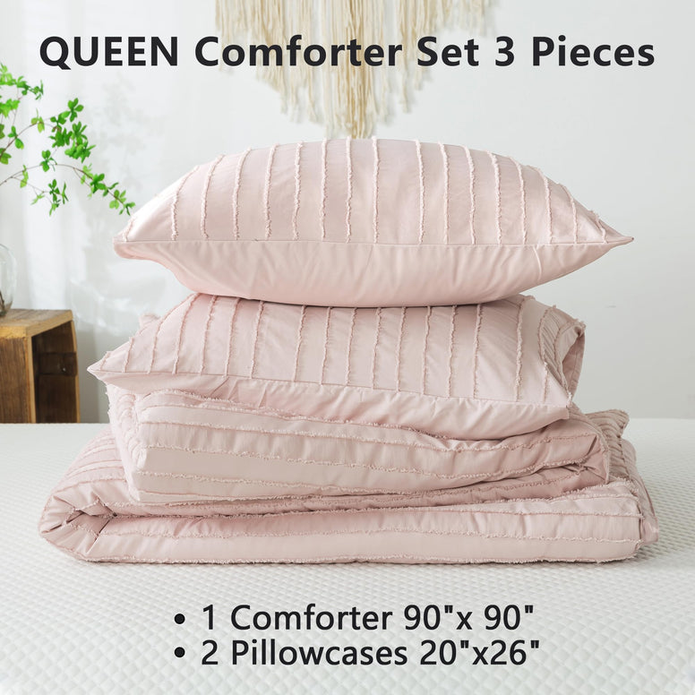 Andency Pink Queen Comforter Set, 3 Pieces Tufted Comforter Set(1 Comforter & 2 Pillowcases), Boho Comforter Set for Queen Bed, Lightweight and Fluffy Bedding Set for All Seasons