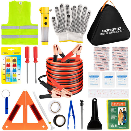 Roadside Assistance Emergency Kit, Complete Car Emergency Kit with Jumper Cables, Flashlight Safety Hammer, Warning Triangle, Car Safety Kit for Women, Men, Teenagers, 53pcs