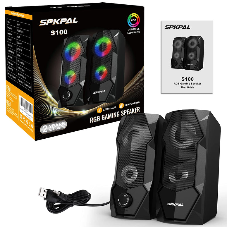 SPKPAL Computer Speakers RGB Gaming Speakers for PC 2.0 Wired USB Powered Stereo Volume Control Dual Channel Multimedia AUX 3.5mm for Laptop Desktop Monitors,10W