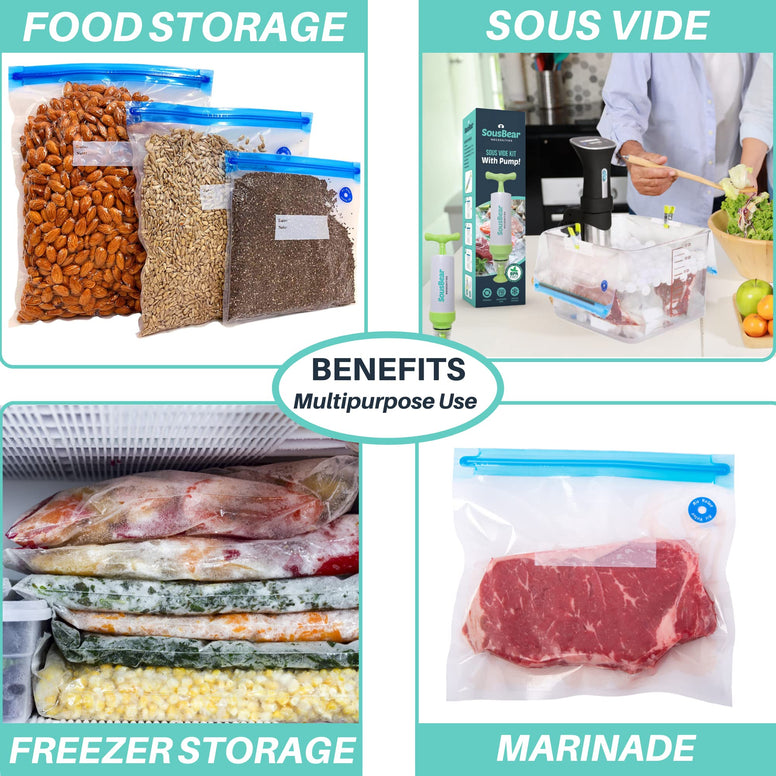 SousBear Sous Vide Bags, Electric Vacuum Sealer Food Pump & Reusable Vacuum Food Storage Bags Kit