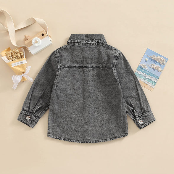 Toddler Baby Boys Cute Long Sleeve Button Down Jean Shirt Slouchy Denim Dress Shirt