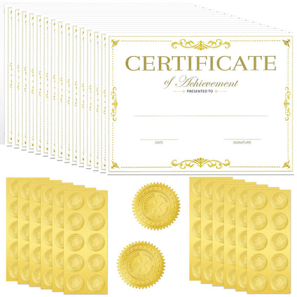 50 Packs Gold Foiled Certificate Paper Award 11 x 8.5 Inch Certificate of Completion Achievement Awards with 100 Pieces Embossed Gold Foil Seals Gold Seals Stickers for Printer Supplies