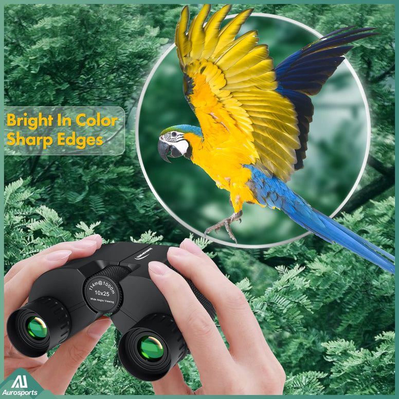 Aurosports 10x25 Folding High Powered Binoculars with Weak Light Night Vision Clear Bird Watching Great for Outdoor Sports Games and Concerts