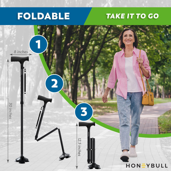 HONEYBULL Walking Cane for Men & Women - Foldable, Adjustable, Collapsible, Free Standing Cane, Pivot Tip, Heavy Duty, with Travel Bag | Walking Sticks, Folding Canes for Seniors & Adults