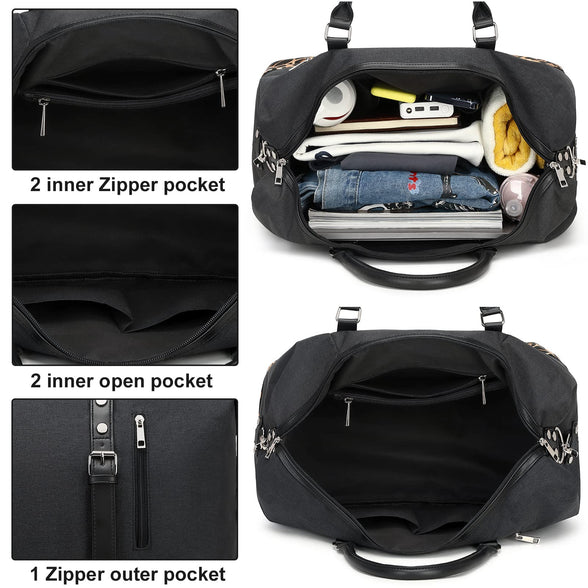 CAMTOP Weekend Travel Bag Ladies Women Duffle Tote Bags PU Leather Trim Canvas Overnight Bag Luggage, 831 Black, Weekender Bag Set Travel Bag With Makeup Bag