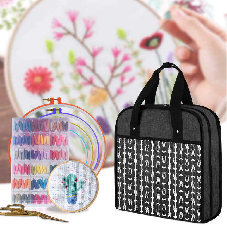 YARWO Embroidery Bag, Embroidery Projects Storage with Multiple Pockets for Embroidery Hoops (Up to 12"), Embroidery Floss and Supplies, Black with Arrow (Bag Only)