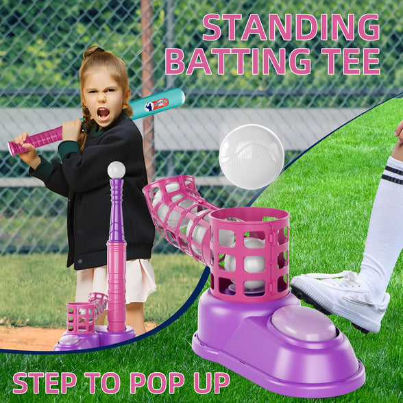 EPPO Tee Ball Set for Kids 3-5|5-8, Kids Baseball Tee, 2 in 1 T-Ball Set, 10 Balls, Toddler T Ball Set with Step on Pitching Machine, Outdoor Sport Toy for Kids 3-12 Years Boys Girls