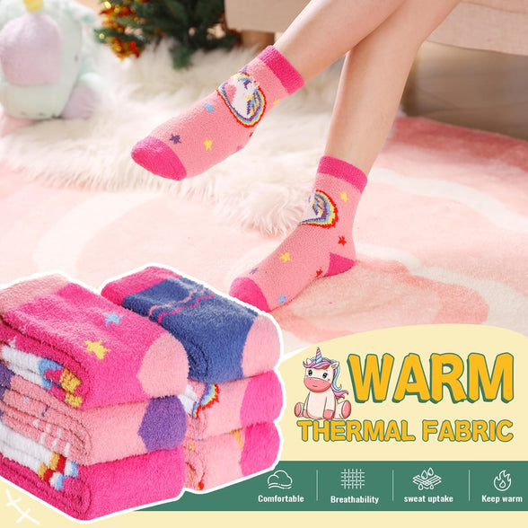 Kids Fuzzy Slipper Grip Socks Boys Girls Non Slip Winter Thick Fluffy Warm Soft Plush Thermal Crew Socks 6 Pairs