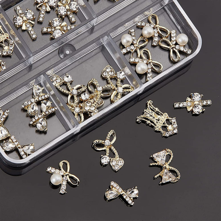 30Pcs Pearl Bow Nail Charms, 3D Gold Cross Bowknot Nail Rhinestones, Boxed Cute Nail Art Bows Nail Decorations for Nail Accessories Manicure Design DIY