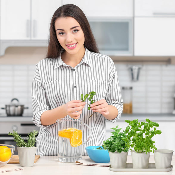 Beautiful Indoor Herb Planter Set of 3 - Perfect Set to Grow Your Fresh Herbs at Home - A Modern Gardening Planter Kit for Your Kitchen Window Sill Incl. Tray & Drainage Holes for Happy Plants