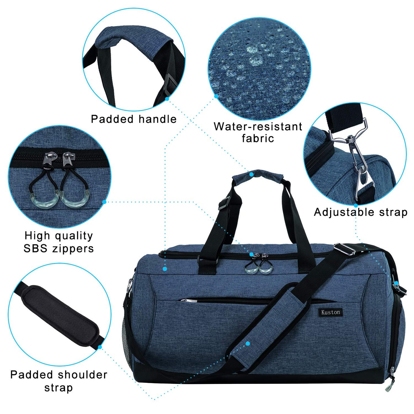 Kuston Sports Gym Bag with Shoes Compartment &Wet Pocket Gym Duffel Bag Overnight Bag for Men and Women