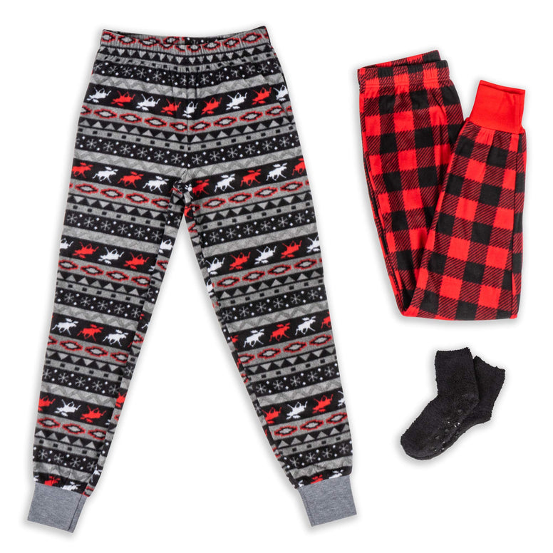 Mad Dog Concepts 2-Pack Boys Pajama Pants - Soft Fleece PJ Bottoms for Kids - Plaid Lounge Pants with Slipper Socks Medium