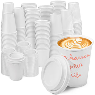 Fit Meal Prep 8 Oz Disposable White Paper Cups with White Lids - On the Go Hot/Cold Beverage All-Purpose Sampling Portion Cup for Coffee, Espresso, Cortado, Water, Juice, Food Grade Safe, 100 Pack