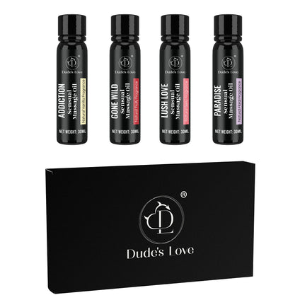 Dude’s Love - Sensual Massage Oil Pack of 4 - Combo Gift Set | Trial Pack |  Edible Massage Oil | Nourish & Moisturize Skin - For Men & Women | 30ml Each (120ml/4pcs)