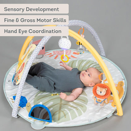 Taf Toys Savannah 360 Baby Gym. Double Sided Crinkling Padded Soft Activity Play Mat with Flash Card Holder & 7 Hanging Sensory Toys. Including Pull Activated Sound & Lights. Suitable from Birth