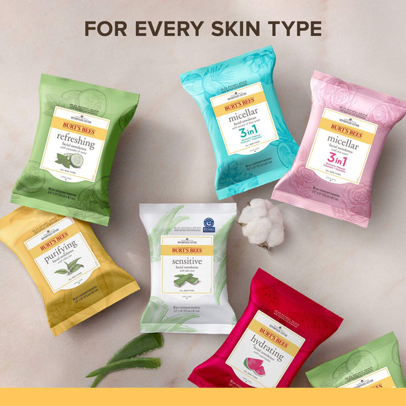 Burt Bees Sensitive Facial Cleansing Towelettes with Cotton Extract - hypoallergenic towelettes wipe away dirt, oil and makeup while moisturizing and soothing skin with Cotton and Aloe