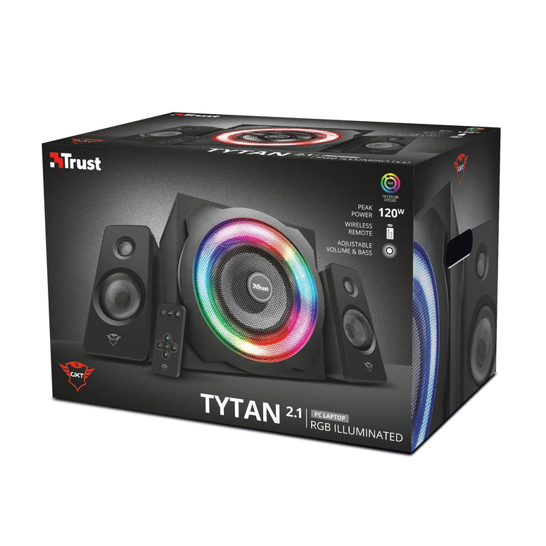 Trust Gaming GXT 629 Tytan RGB 2.1 PC Gaming Speaker System with Subwoofer, UK Plug, LED Illuminated RGB, Black