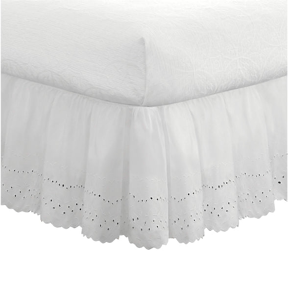 FRESH IDEAS Ideas Ruffled Eyelet Bed Skirt Dust Ruffle With Gathered Styling And Embroidered Details, 14" Drop Length, Queen, White