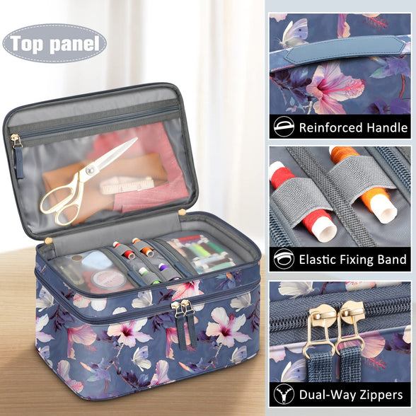 FINPAC Sewing Accessories Storage and Organizer Case, Double-Layer Sewing Kits Carrying Bag with Wrist Pin Cushion for Threads, Needles, Embroidery Floss Supplies, Felting Kits (Blooming Hibiscus)