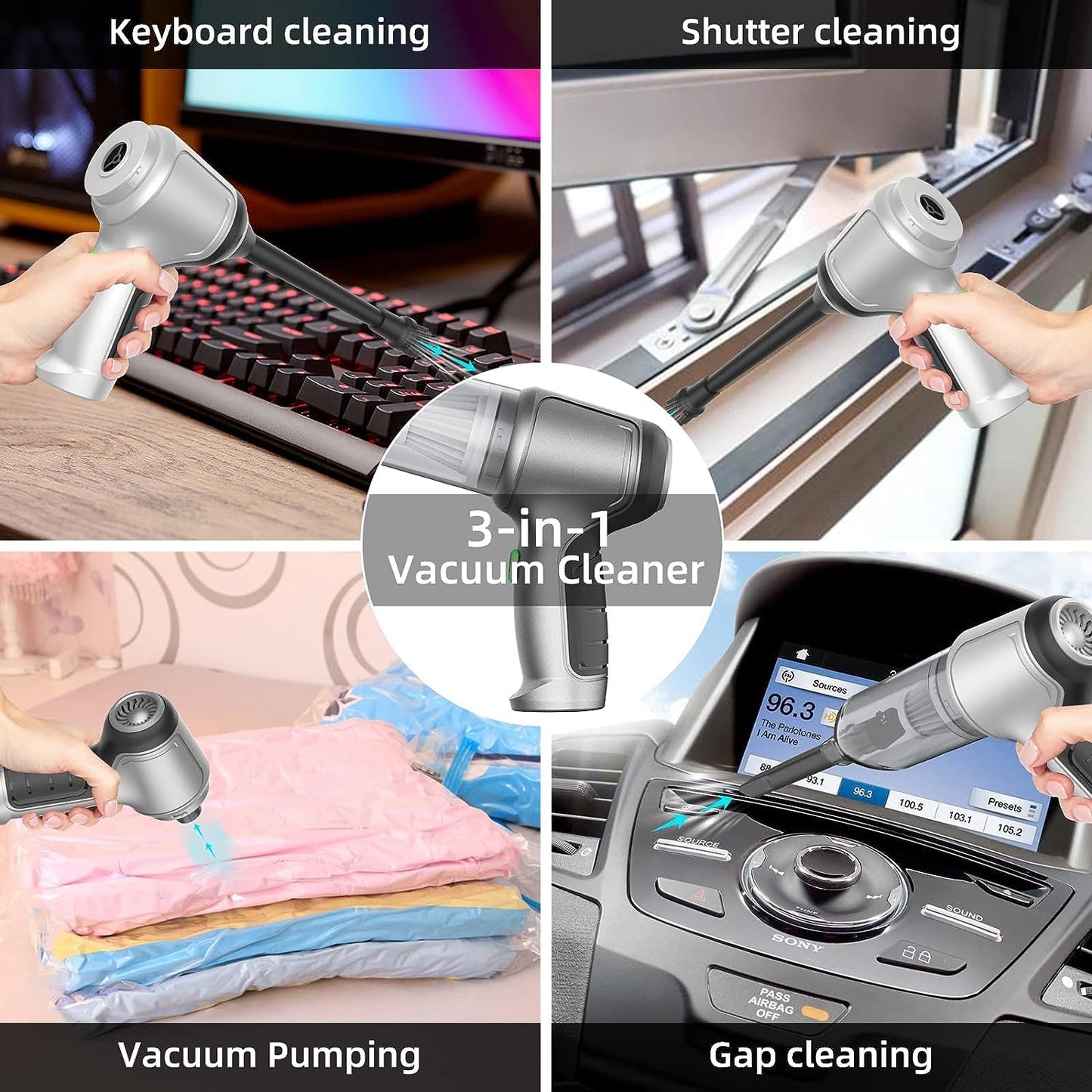 3 in 1 Wireless Handheld Rechargeable Portable Car Vacuum,19000PA High Power Cordless Rechargeable Car Vacuum, 2 Washable Filters and Strong Suction Brushless Motor,for Car,office Home Cleaning