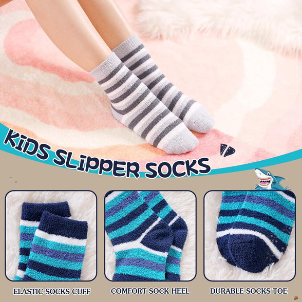 Kids Fuzzy Slipper Grip Socks Boys Girls Non Slip Winter Thick Fluffy Warm Soft Plush Thermal Crew Socks 6 Pairs