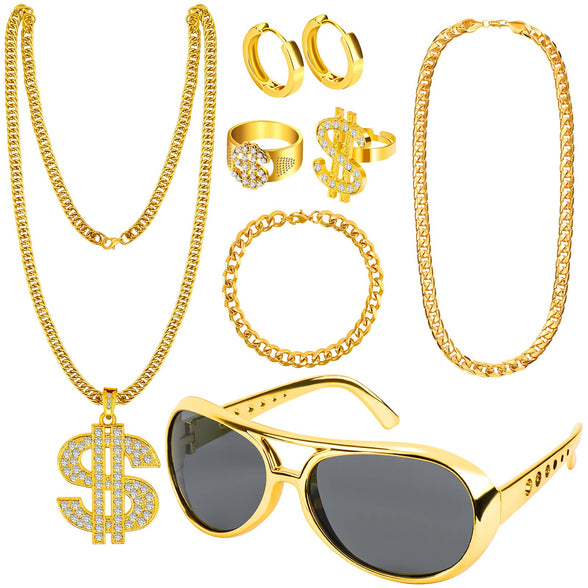 Dreamtop 8Pcs Hip Hop Costume Accessories kit, 80s 90s Hip Hop Fancy Dress Accessories with Disco Gold Dollar Sign Necklace Bracelet Hip Hop Rings Earrings Sunglasses for Women Men Hippie Rapper