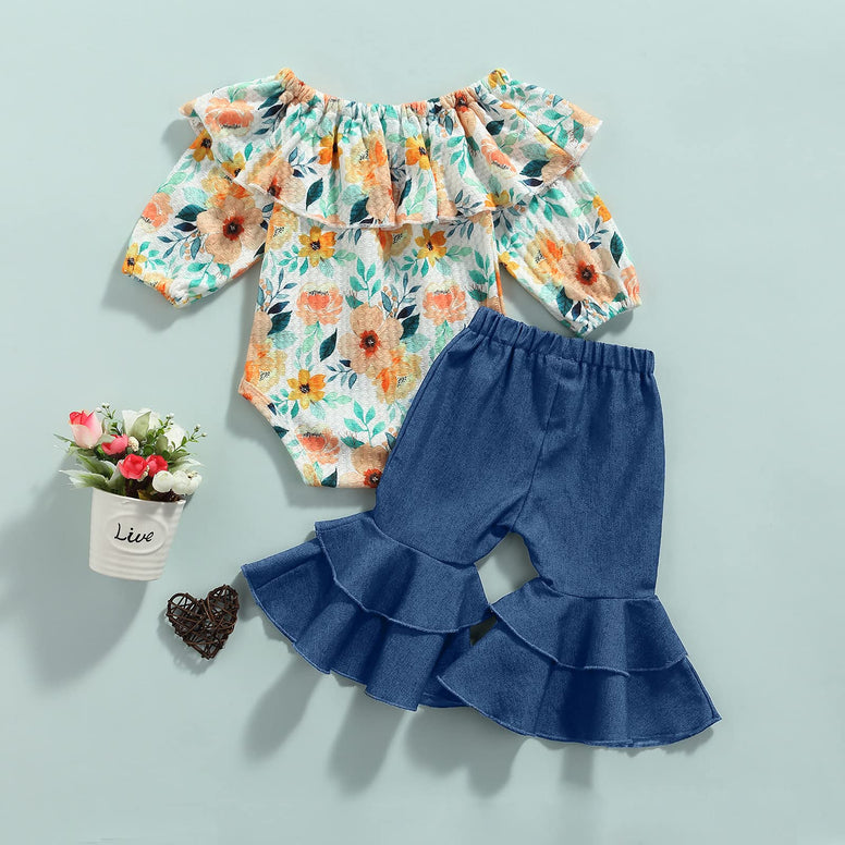 0-18M Infant Baby Girl Clothes Set Floral Print Ruffle Collar Long Sleeve Romper+Denim Flare Pants