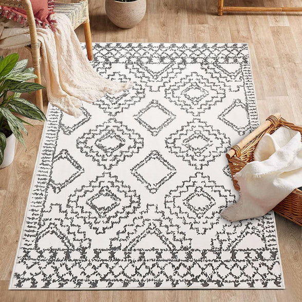 Leesentec Moroccan Area Rugs Living Room Rugs Modern Abstract Rug Geometric Carpet Non-slip Short Pile Rug Large Rugs for Living Room Soft Bedroom Area Rug (Ivory/Black, 80 x 120 cm)