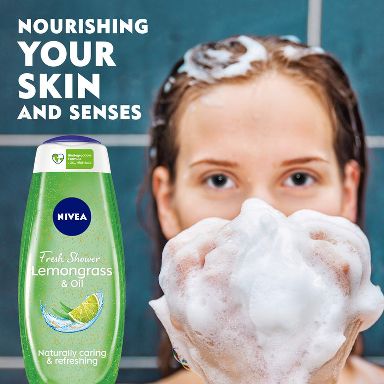 NIVEA Shower Gel Body Wash, Lemongrass & Oil Caring Oil Pearls Lemongrass Scent, 500ml