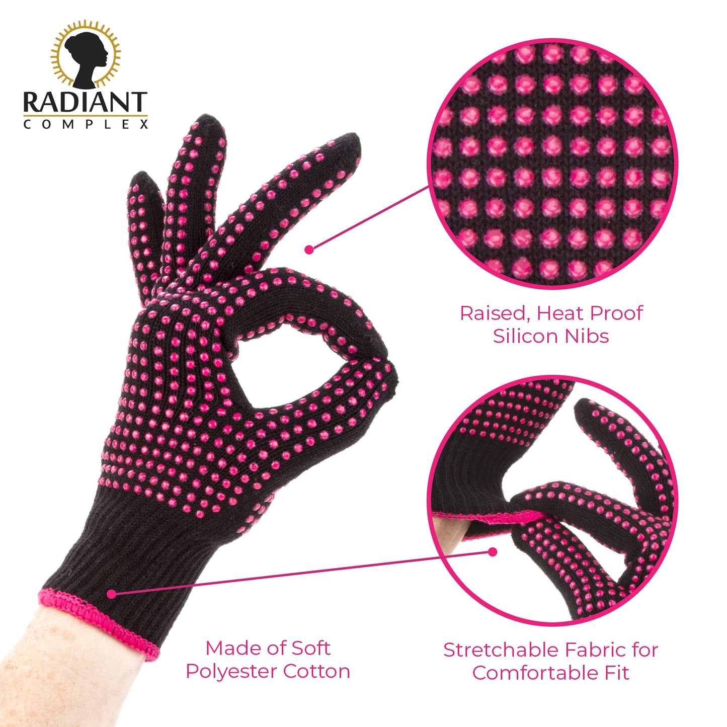 Radiant Complex 2 Piece Heat Resistant Gloves with Silicone Bumps, Professional Heat Proof Glove Mitts for Hair Styling, Curling Iron, Wand Flat Iron, Hot-Air Brushes, Universal Fit Size