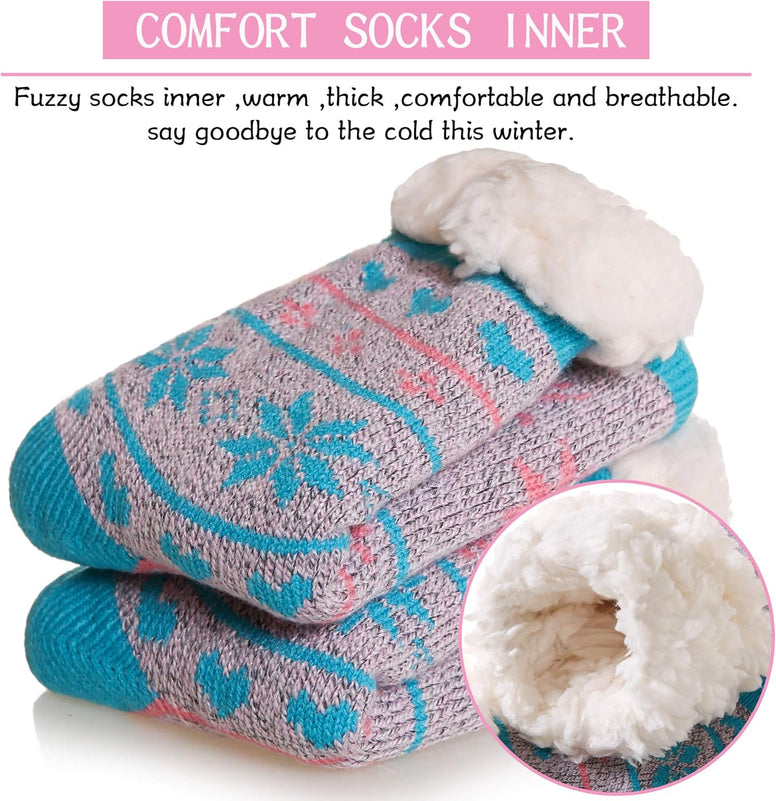 Kids Fuzzy Slipper Grip Socks Boys Girls Non Slip Winter Thick Fluffy Warm Soft Plush Thermal Crew Socks 6 Pairs