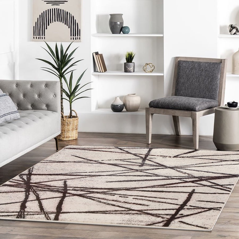 Leesentec Area Rugs Soft Modern Rug Carpet Geometric Stripe Rug Non Slip Cashmere Rug for Bedroom Living Room Floor Mat (Beige, 160 x 200 cm)