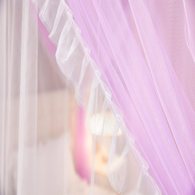 VETHIN 4 Corners Post Ruffle Princess Bed Canopy Curtain-Double Layer Cozy Drape Netting 4 Opening Mosquito Net for Girls Adults Bedroom Decoration (Double-Purple, 59" W*82" L*82"*H/(Queen))