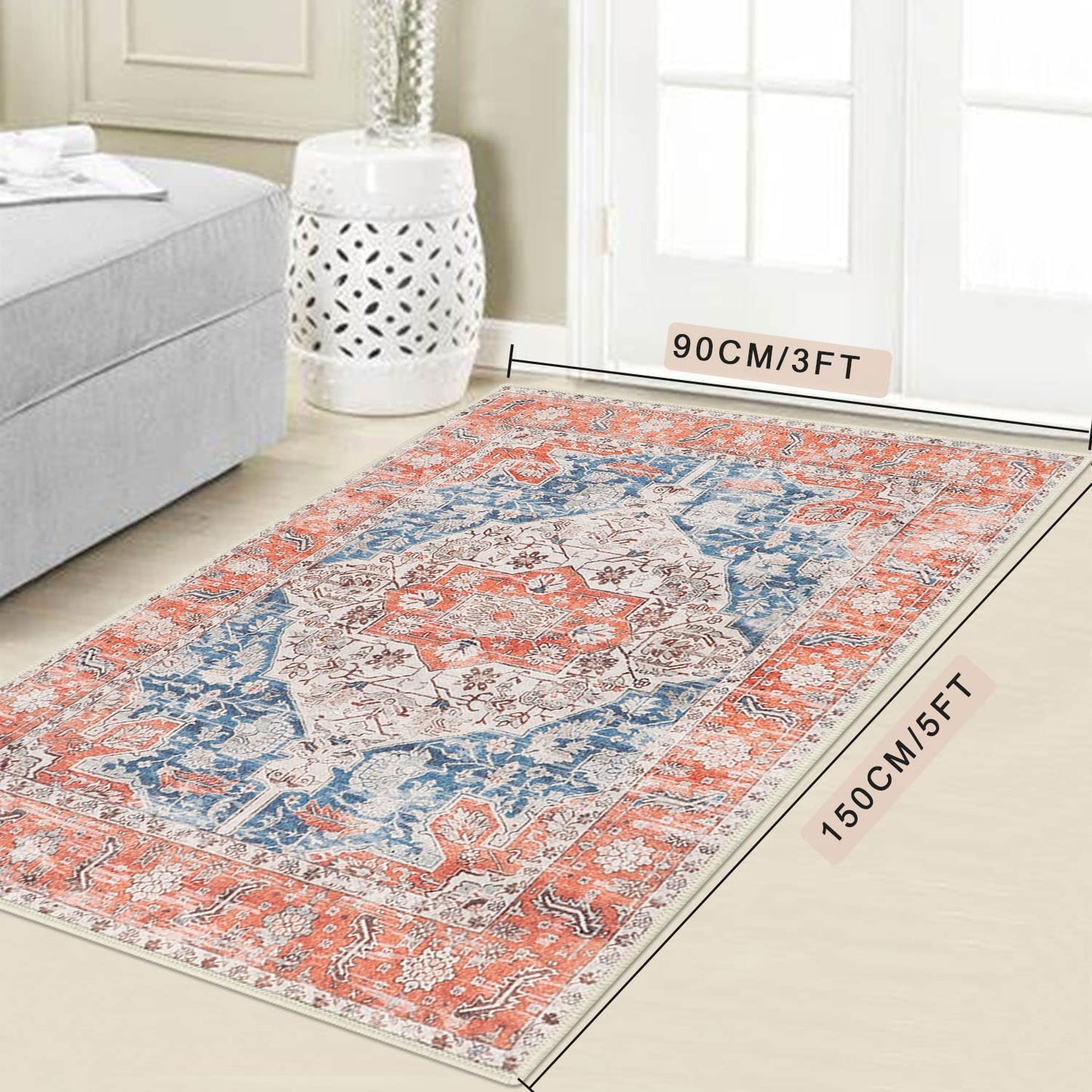 Cekene Distressed Area Rug 3x5 Non Skid Persian Accent Rug Washable Oriental Throw Rugs Low Pile Entryway Rug Runner Boho Floor Carpet for Entrance Living Room Bedroom